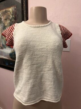 Madewell Cream Knit Tank with Red Striped Flutter Sleeves